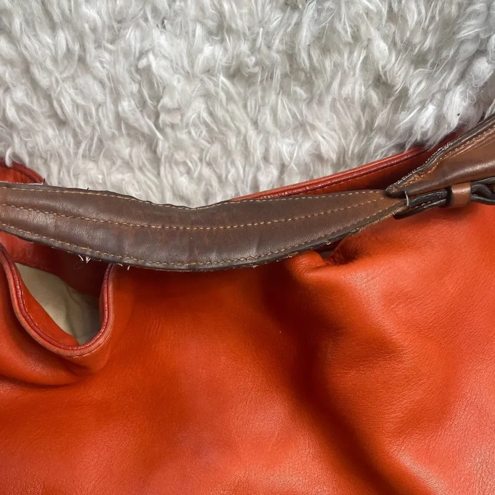 Lauren Ralph Lauren Large Leather Orange Red Hobo Bag Brown strap and trims.